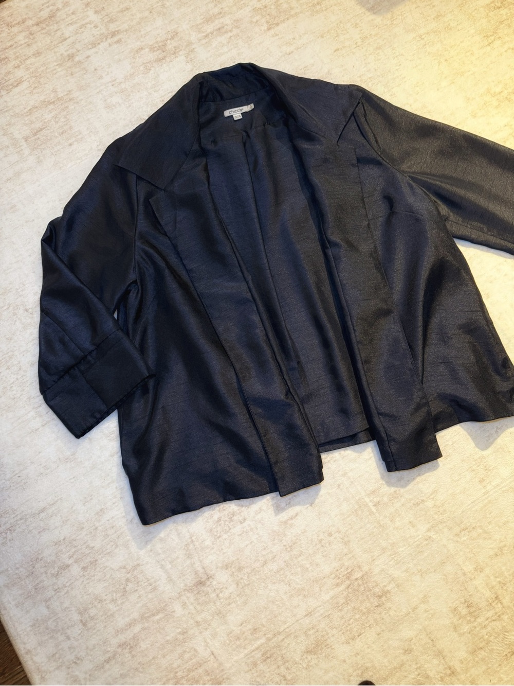 Chico's Open-Front Dark Navy Draped Blazer with Metallic Sheen